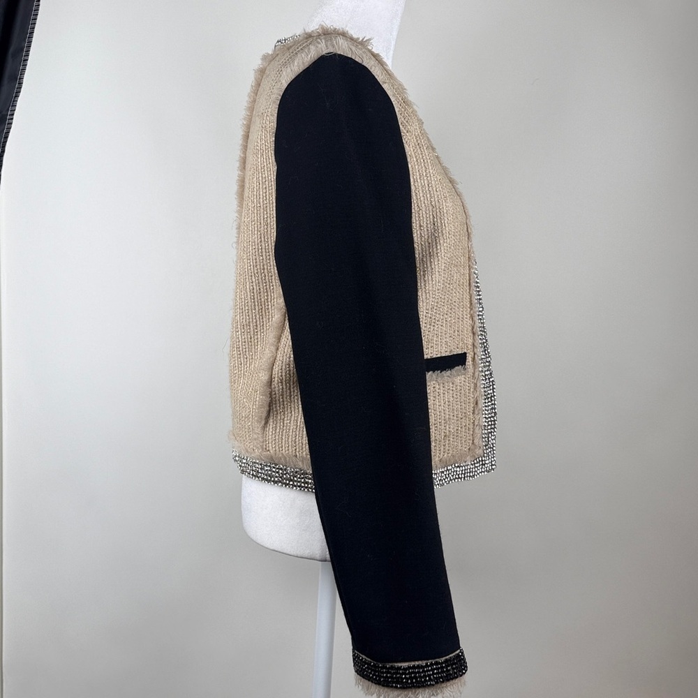 Tory Burch Sairy Bling Wool Tweed Jacket Black Tan Rhinestones Crystals Size 8 - Picture 6 of 12